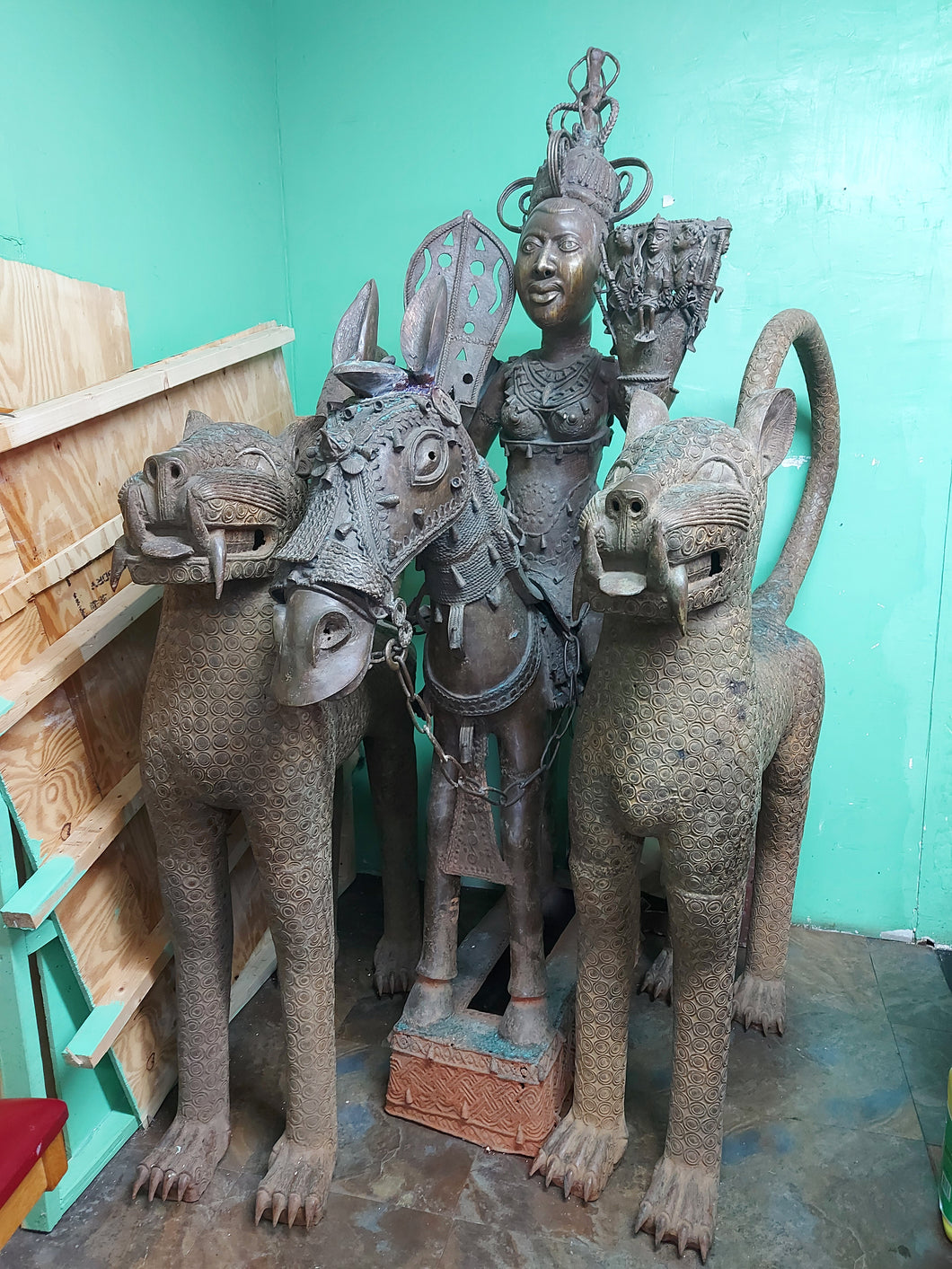 Two old bronze leopards and an Old bronze rider from Benin Kingdom ( West Africa )